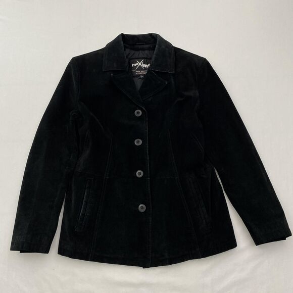Wilsons Maxima Leather Jacket Womens Large Black Suede Button Front Blazer Lined - Picture 1 of 14